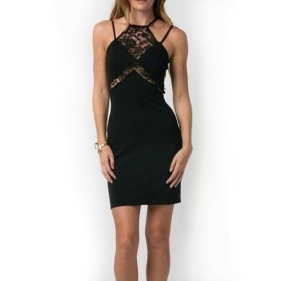 Women's Solemio Lace Accent Racerback Bodycon Mini Dress Black Size Medium - Picture 10 of 12